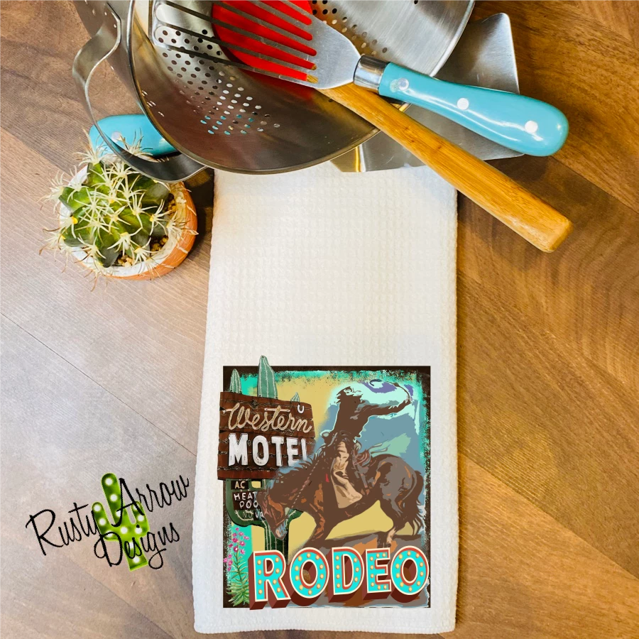 Rusty Arrow Designs Western Motel Rodeo Waffle Weave Tea Towel