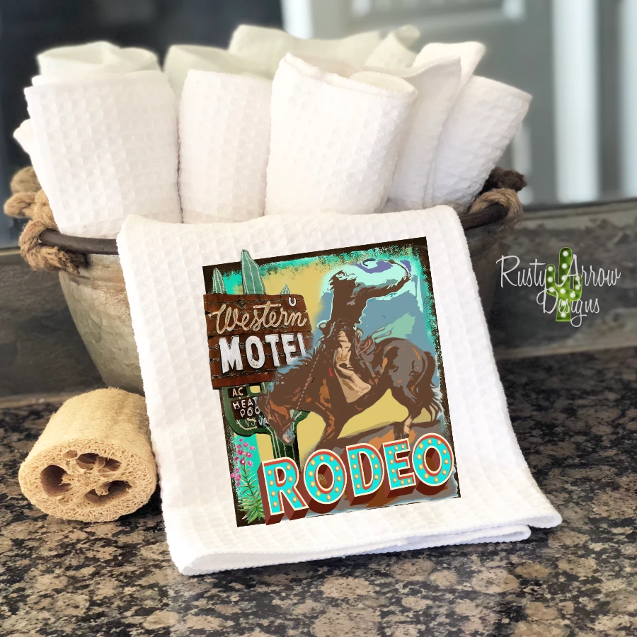 Rusty Arrow Designs Western Motel Rodeo Waffle Weave Tea Towel
