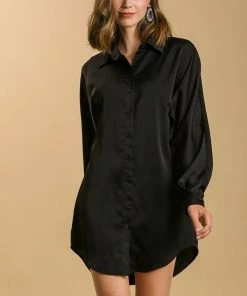Dresses Umgee Satin Collar Button Down Long Sleeve Tunic Dress