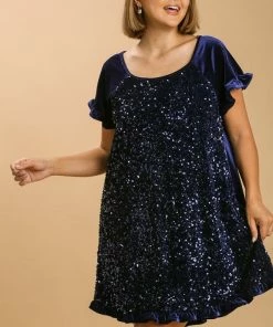 Umgee Velvet Sequin Short Ruffle Sleeve Dress -PLus