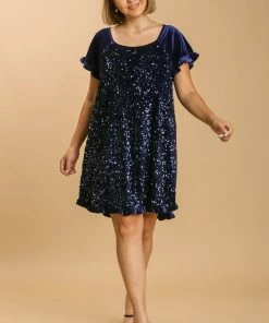 Umgee Velvet Sequin Short Ruffle Sleeve Dress -PLus