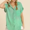 Umgee USA Washed Button Up Short Sleeve Top With Frayed Hemline