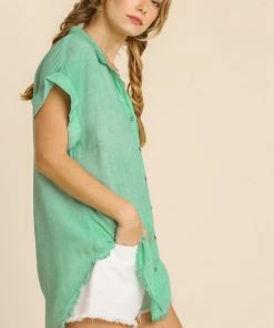 Umgee USA Washed Button Up Short Sleeve Top With Frayed Hemline