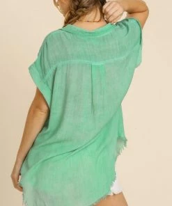 Umgee USA Washed Button Up Short Sleeve Top With Frayed Hemline