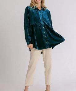Umgee Dresses Velvet Collar Button Down Tunic