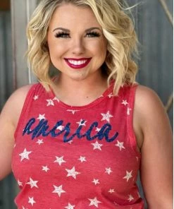 Texas True Threads America Glitter On Star Sleeveless Tops