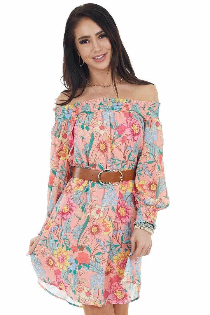 Umgee Coral Floral Print Smocked Off The Shoulder Short Dress Ladies