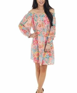 Umgee Coral Floral Print Smocked Off The Shoulder Short Dress Ladies