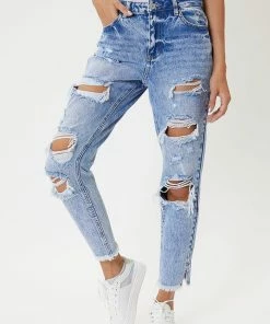 Umgee Jeans High Rise Fray Hem With Side Split Mom Jean