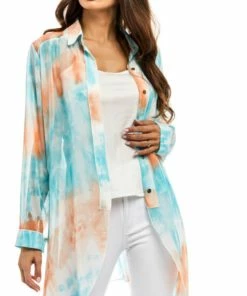Adore Apparel Blue Orange Button Down Duster Dusters - Kimonos