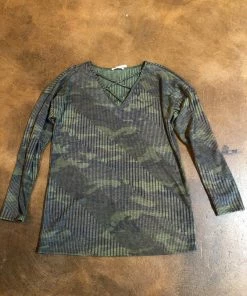 First Love Ladies Ribbed Camo Print Criss Cross Shirt