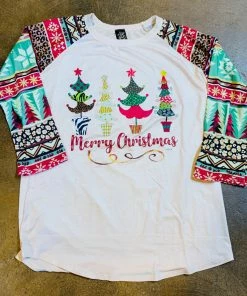 L & B Merry Christmas Musical Christmas Trees Raglan T-Shirt Ladies