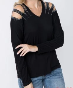 Vocal Black L/S Cold Shoulder Top W/ Bling Blouses