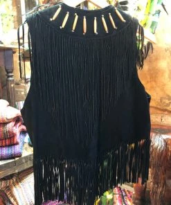 Dusters - Kimonos Diamond Leathers Suede Bone Beaded Fringe Vest (Medium)
