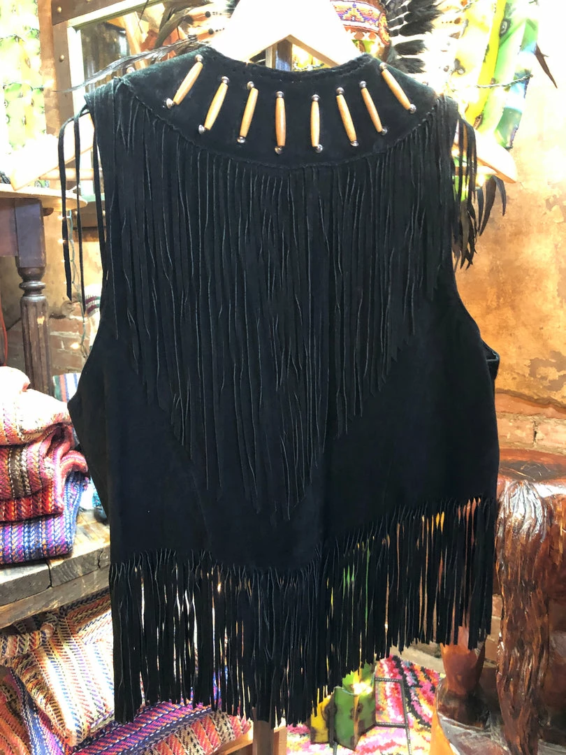 Dusters - Kimonos Diamond Leathers Suede Bone Beaded Fringe Vest (Medium)