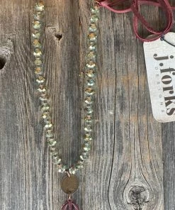 J.fork Accessories Peacock Crystal Indian Penny & Leather Wine Necklace