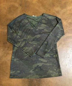 First Love Ladies Ribbed Camo Print Criss Cross Shirt