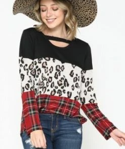 Ace Trading SOLID, LEOPARD, & PLAID PRINT CONTRAST ROUND NECK TOP