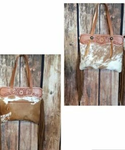 JJs Designs Tan And White Hair-On Purse With Fringe