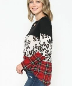 Ace Trading SOLID, LEOPARD, & PLAID PRINT CONTRAST ROUND NECK TOP