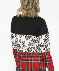 Ace Trading SOLID, LEOPARD, & PLAID PRINT CONTRAST ROUND NECK TOP