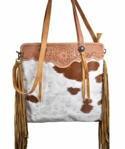JJs Designs Tan And White Hair-On Purse With Fringe