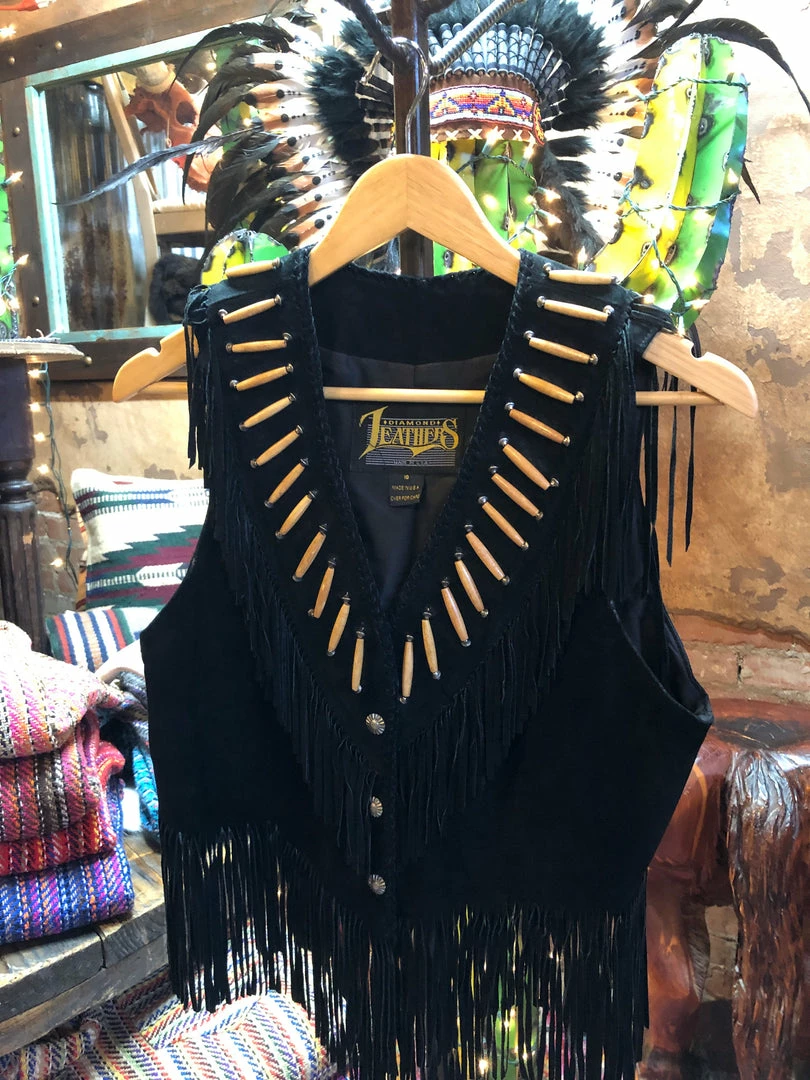 Dusters - Kimonos Diamond Leathers Suede Bone Beaded Fringe Vest (Medium)