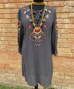 JJs Designs & Boutique Ladies Grey Floral Tie Up Dress