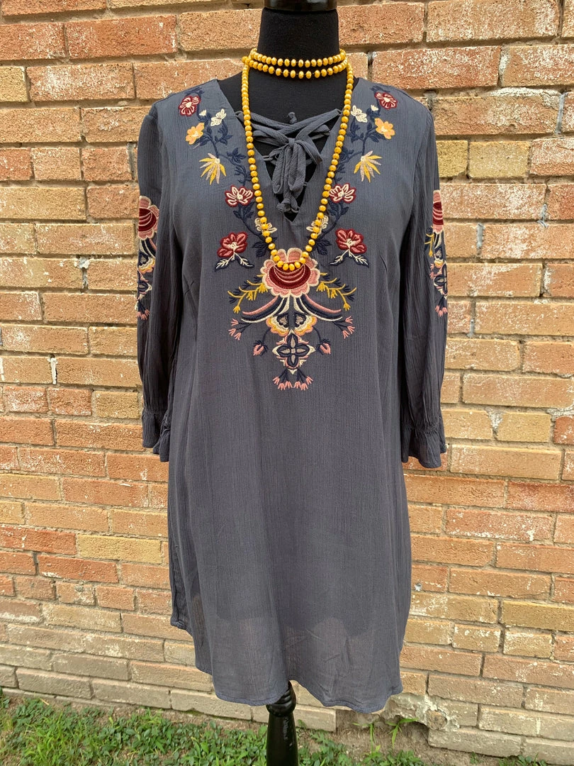 JJs Designs & Boutique Ladies Grey Floral Tie Up Dress