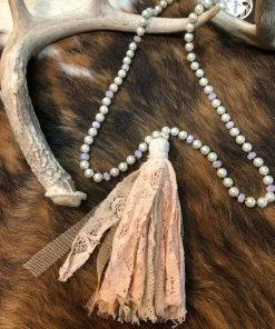 Sunshine & Rodeos Pearl Necklace And Earring Set With Lace Tassel