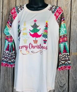 L & B Merry Christmas Musical Christmas Trees Raglan T-Shirt Ladies