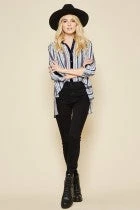 Andree By Unit Button Down Blue Strip Shirt With Embroidered Patch Ladies