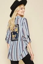 Andree By Unit Button Down Blue Strip Shirt With Embroidered Patch Ladies