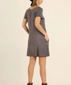 Umgee Washed Crossed V-Neck Pocket Dress