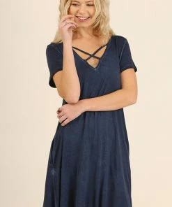 Umgee Washed Crossed V-Neck Pocket Dress Ladies