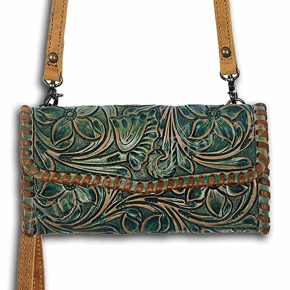 American Darling Bags Turquoise Tooled Clutch W/ Shoulder Strap