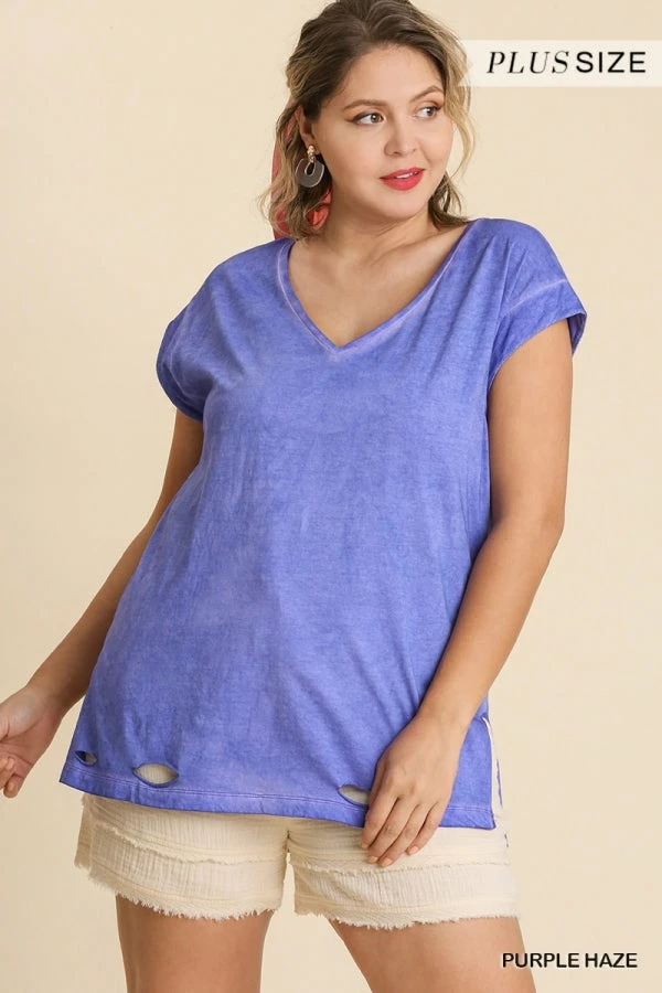 Umgee USA Accessories Purple Haze Garment Dyed Short Sleeve V-Neck Top - Plus