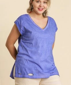 Umgee USA Accessories Purple Haze Garment Dyed Short Sleeve V-Neck Top - Plus