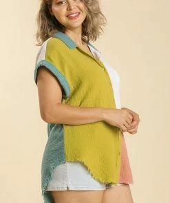 Umgee USA Mint Color Block Gauze Button Up Short Folded Sleeve Top -Plus