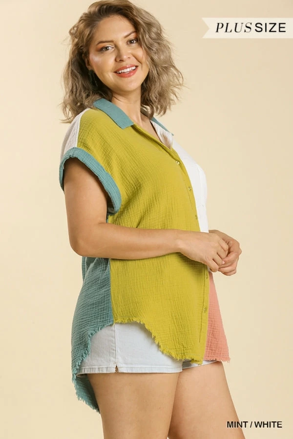 Umgee USA Mint Color Block Gauze Button Up Short Folded Sleeve Top -Plus