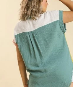 Umgee USA Mint Color Block Gauze Button Up Short Folded Sleeve Top -Plus