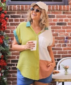 Umgee USA Mint Color Block Gauze Button Up Short Folded Sleeve Top -Plus