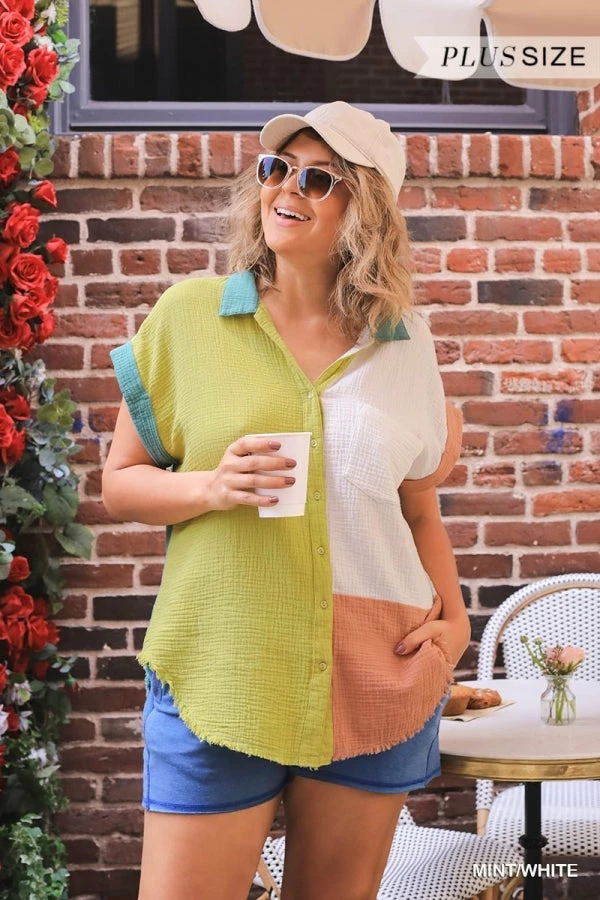Umgee USA Mint Color Block Gauze Button Up Short Folded Sleeve Top -Plus