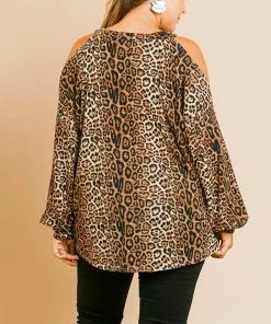 Umgee Animal Print Long Puff Sleeve With Open Shoulder Ladies