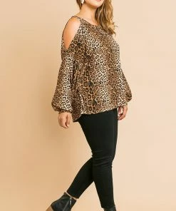 Umgee Animal Print Long Puff Sleeve With Open Shoulder Ladies