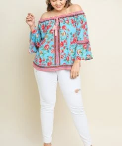 Umgee Ladies Floral Scarf Print Off Shoulder Top
