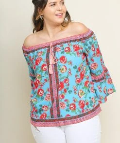 Umgee Ladies Floral Scarf Print Off Shoulder Top