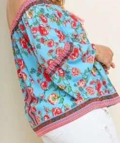 Umgee Ladies Floral Scarf Print Off Shoulder Top