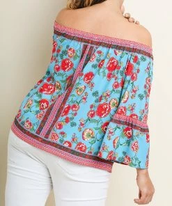 Umgee Ladies Floral Scarf Print Off Shoulder Top