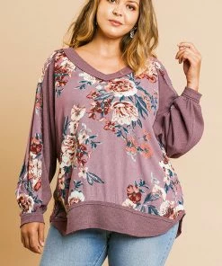 Umgee Floral Print Long Puff Sleeve Top Ladies